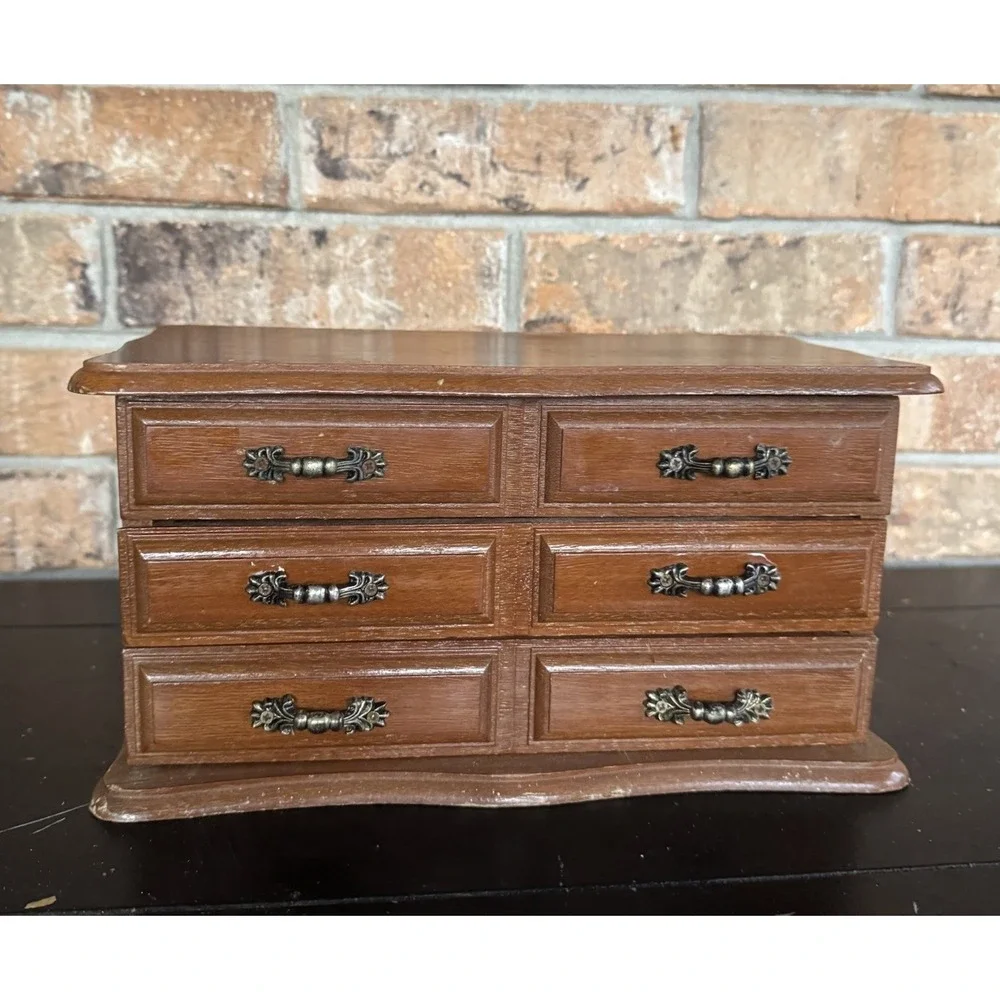 Vintage Wooden Lined Jewelry Box / Chest ‎ Drawers Cottagecore Mid Century Style